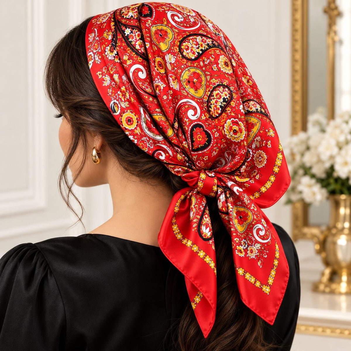 A woman shown from the back wearing a red silk bandana headscarf with a detailed paisley and floral pattern in yellow, gold, black, and white, tied neatly under her head.