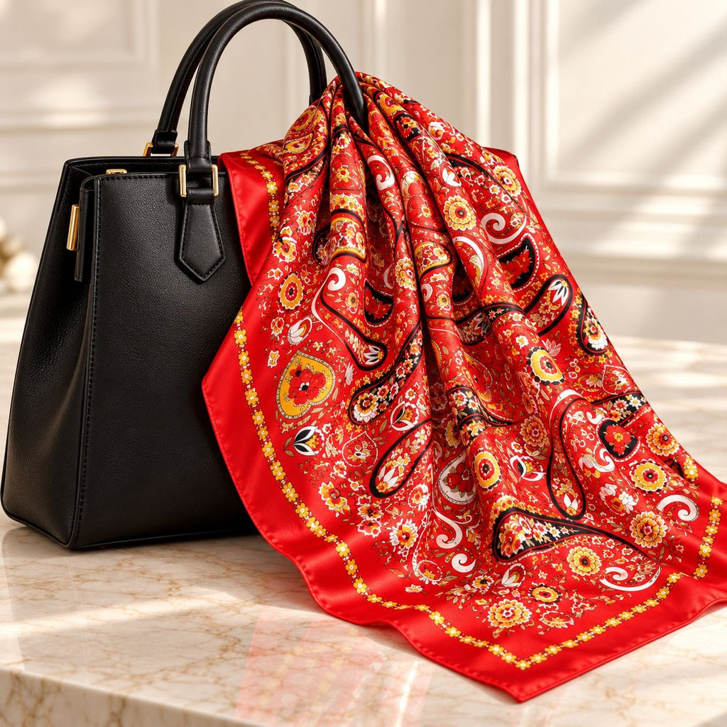 A black leather handbag sits on a marble surface beside a bright red patterned scarf with paisley and floral motifs in yellow, gold, white, and black.