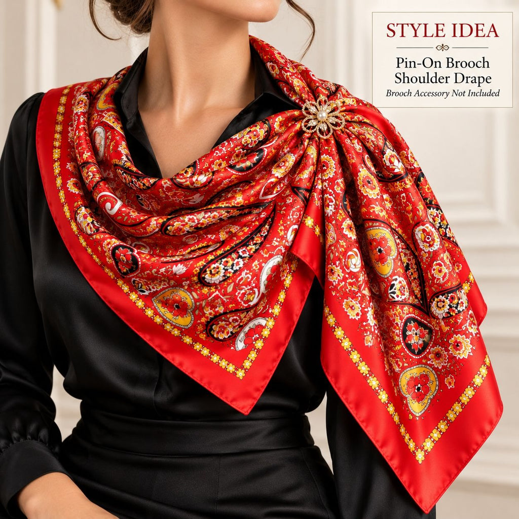 A red paisley and floral patterned scarf styled on a model's shoulder over a black satin blouse. The scarf features gold borders, intricate multicolor paisley motifs, and a decorative brooch-like pin at the top.
