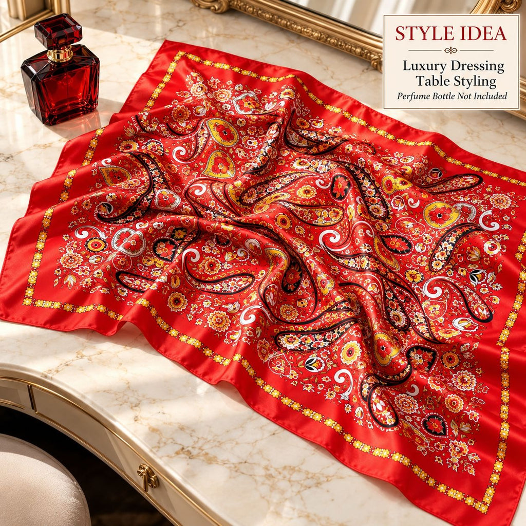 A red silk scarf with an intricate paisley and floral pattern in gold, black, and white, styled on a marble vanity table next to a perfume bottle. A text overlay in the top right reads 'STYLE IDEA Luxury Dressing Table Styling'.