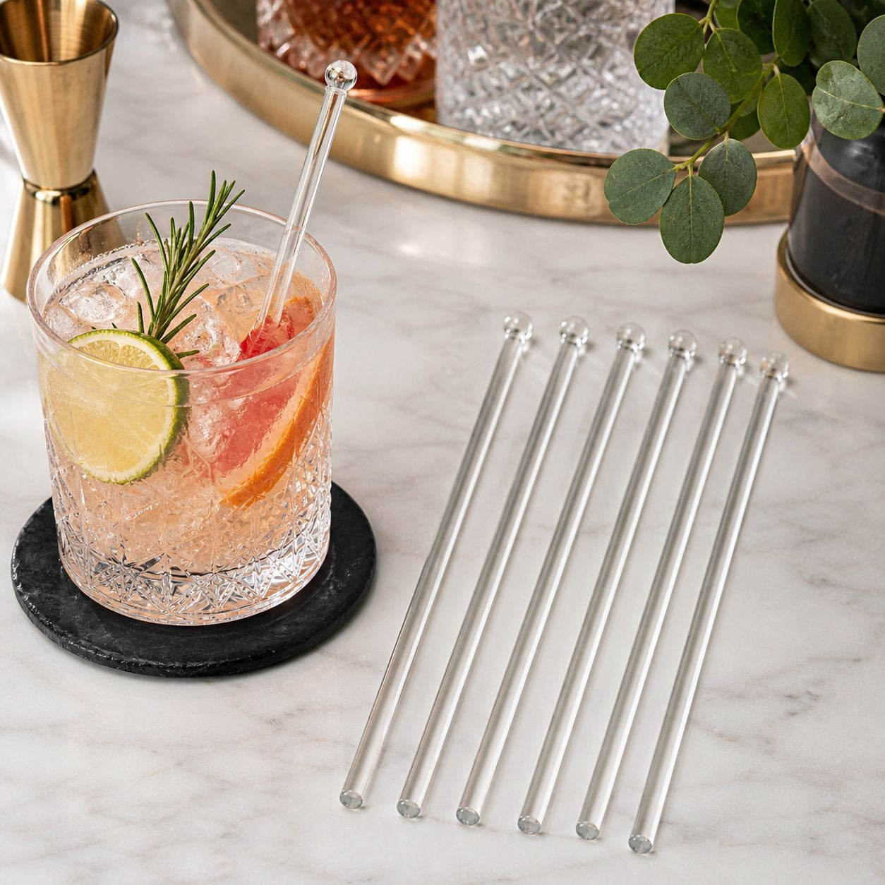 Clear Glass Cocktail Stir Sticks Set of 6 – Reusable Swizzle Sticks
