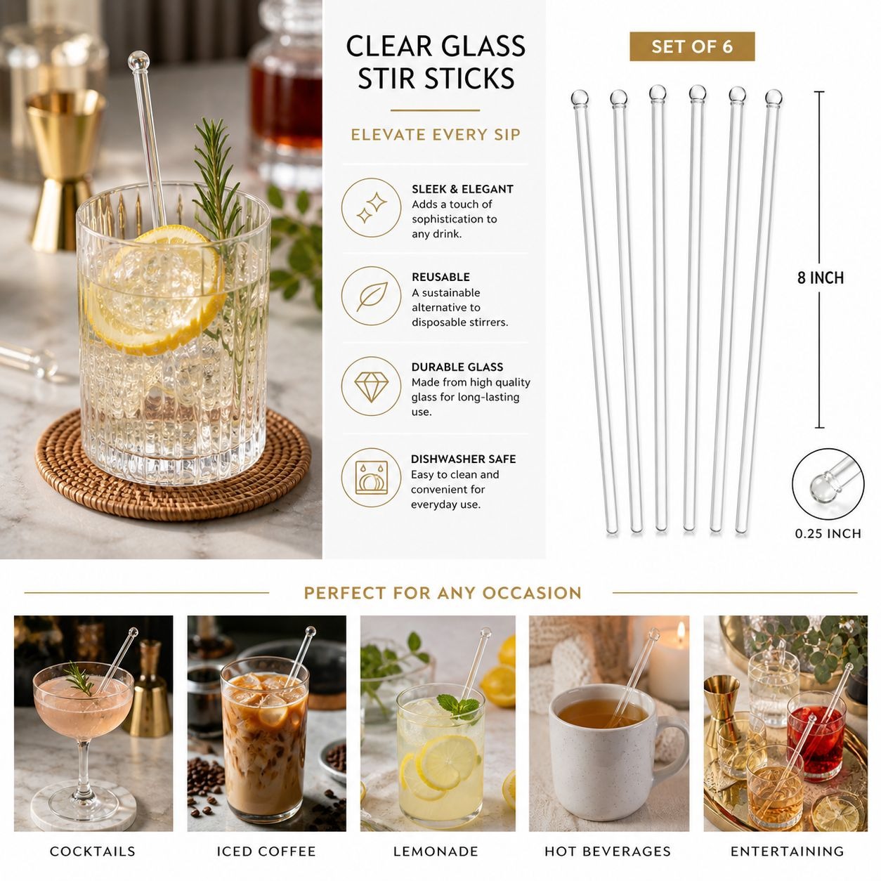 Clear Glass Cocktail Stir Sticks Set of 6 – Reusable Swizzle Sticks