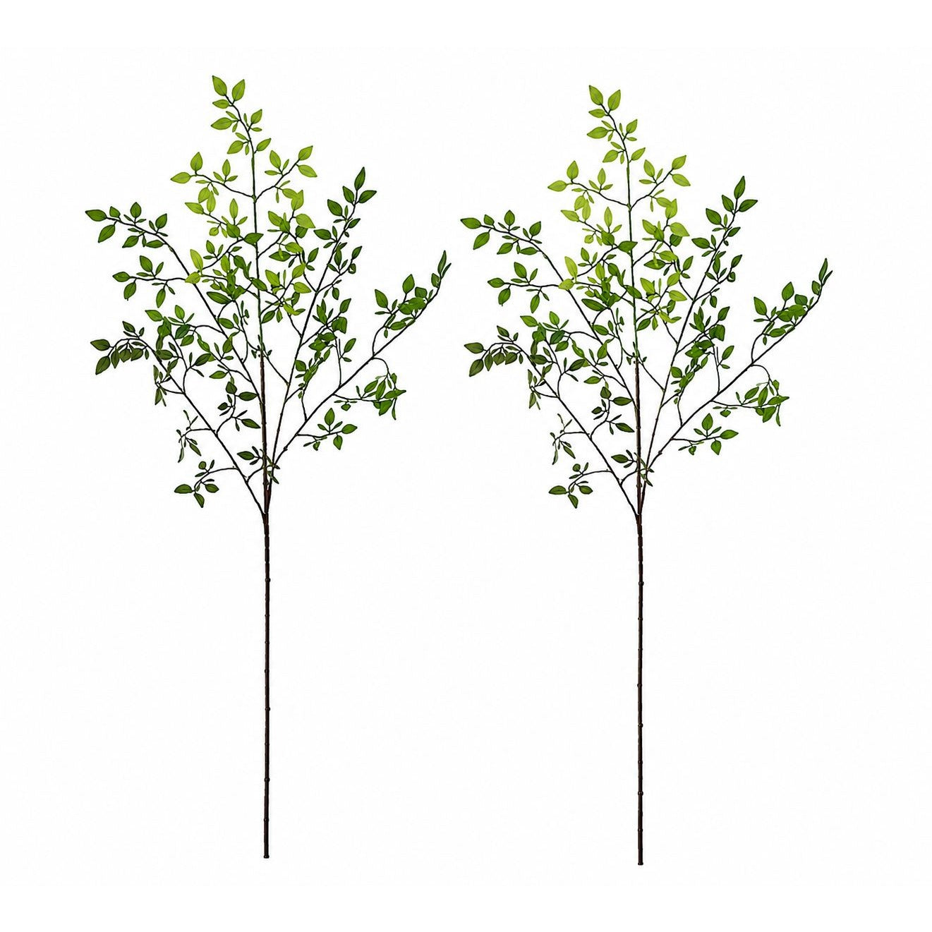 Two artificial green leafy branches on a white background