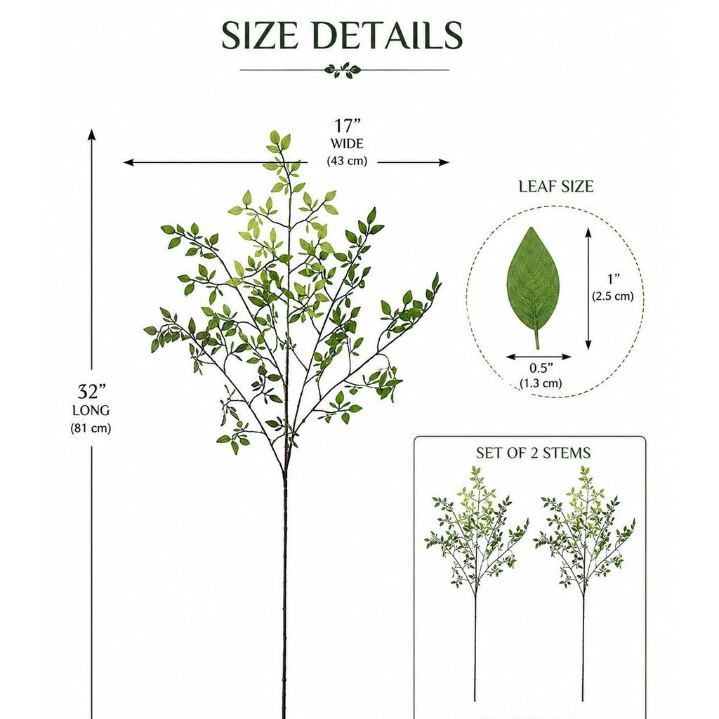 Measurement chart of a set of artificial green leaves with dimensions and leaf size details.