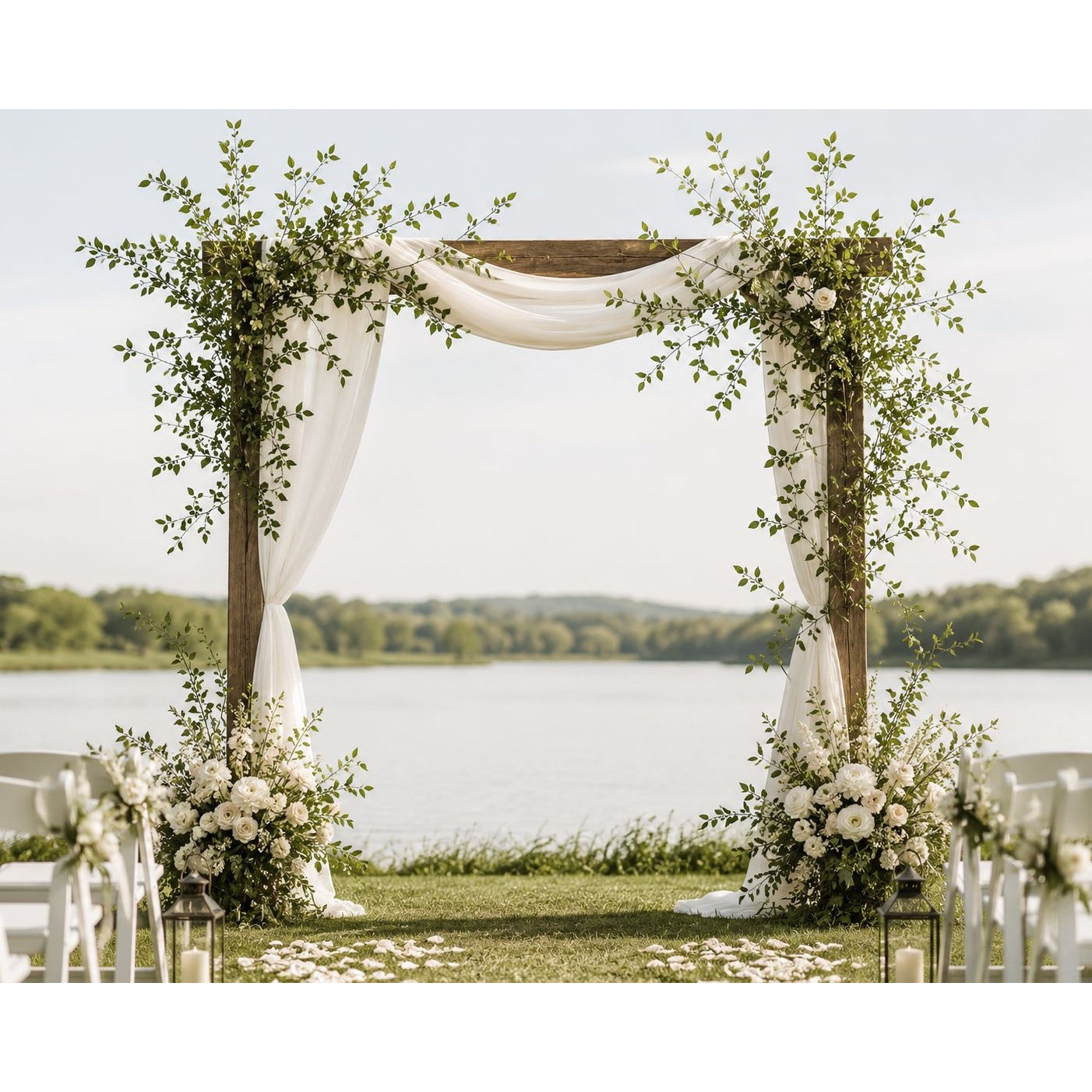 Decorative arch with flowers and white curtains by a lake