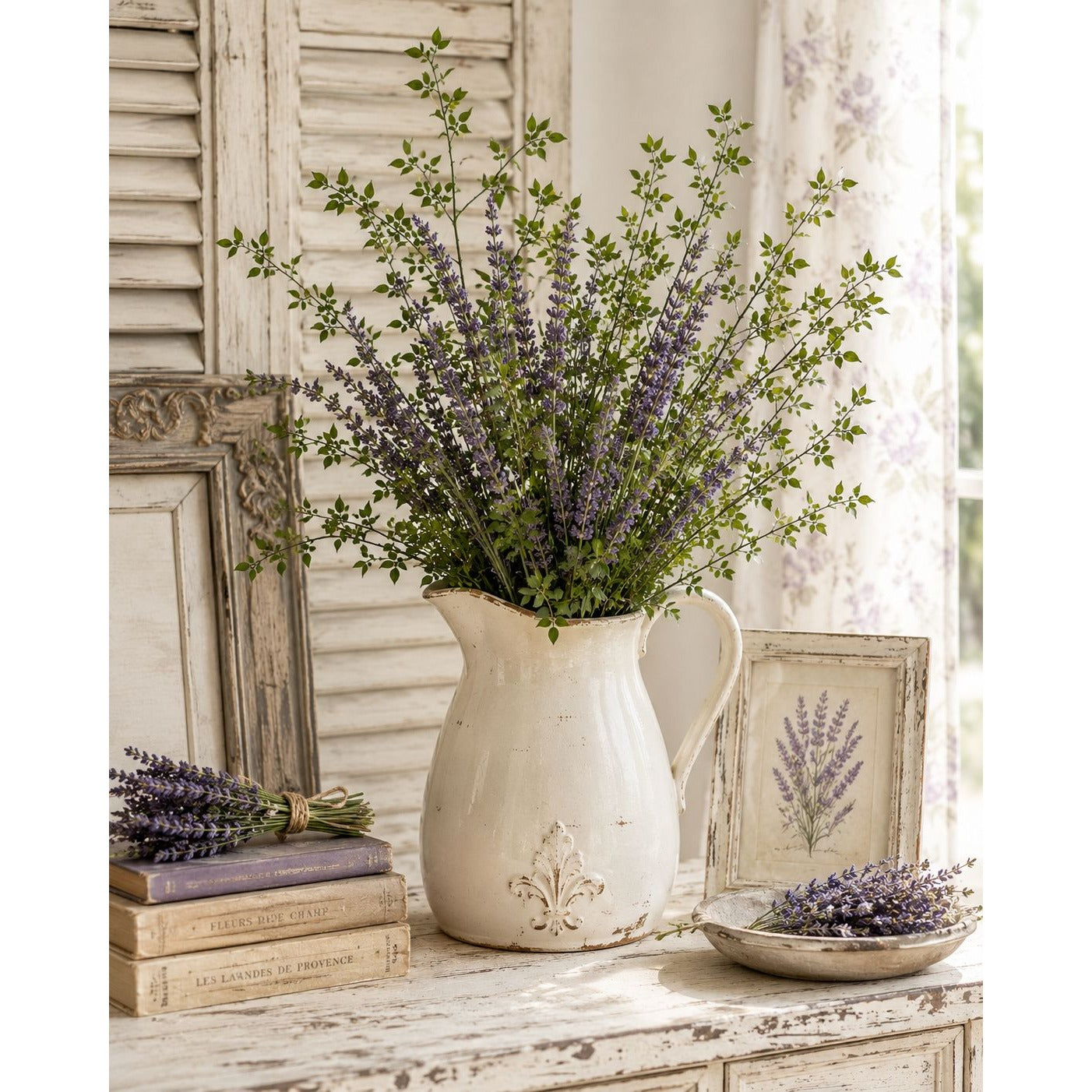 Decorative setting with a pitcher of lavender flowers on a wooden surface.