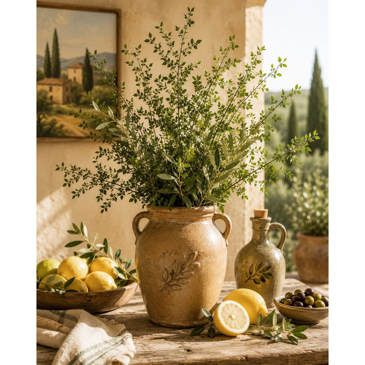 Decorative setting with a potted plant, lemons, and olive oil bottle on a wooden table.
