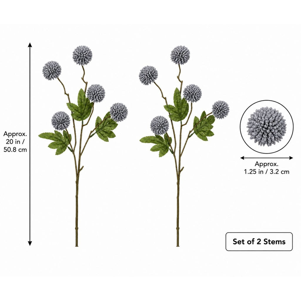 Slate Gray Pom Pom Chrysanthemum Stems Set of 2, 20 Inch Artificial Silk Flowers