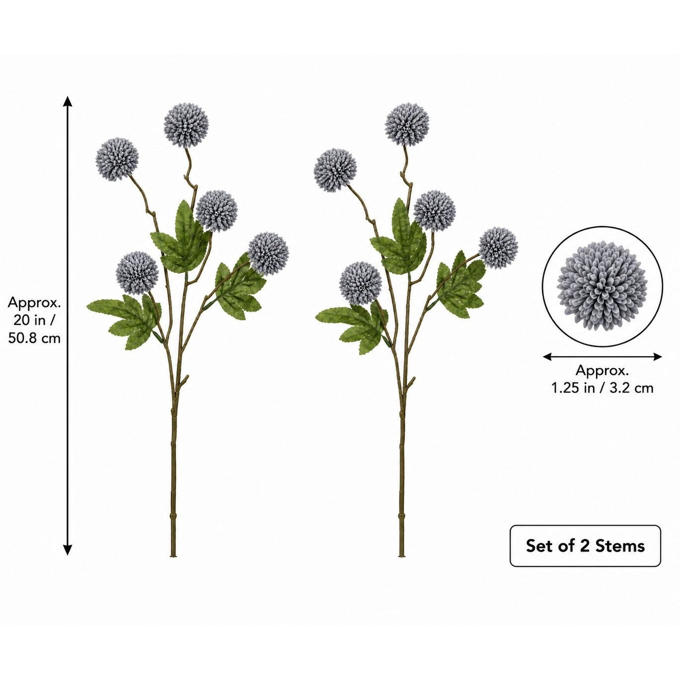 Slate Gray Pom Pom Chrysanthemum Stems Set of 2, 20 Inch Artificial Silk Flowers
