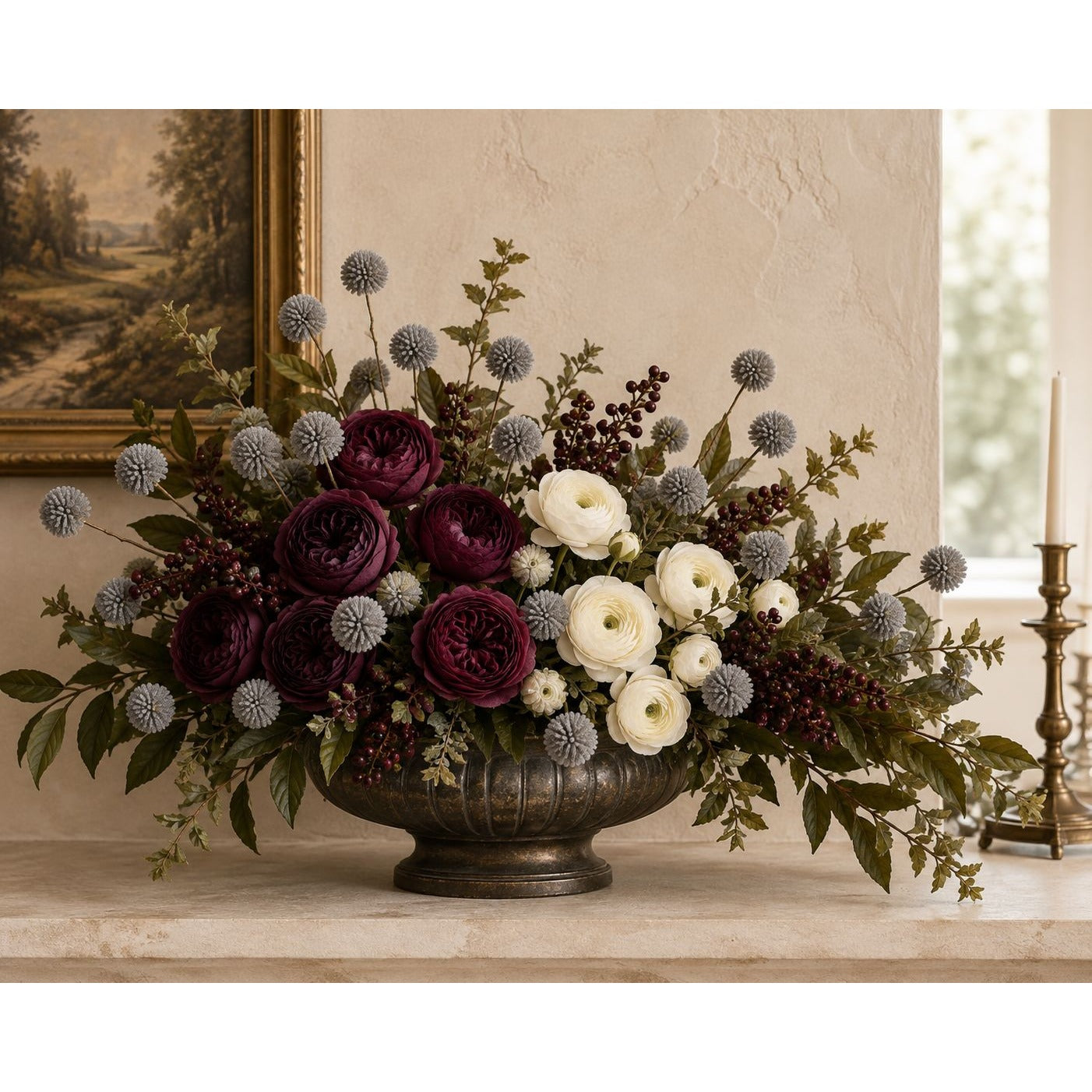 Slate Gray Pom Pom Chrysanthemum Stems Set of 2, 20 Inch Artificial Silk Flowers