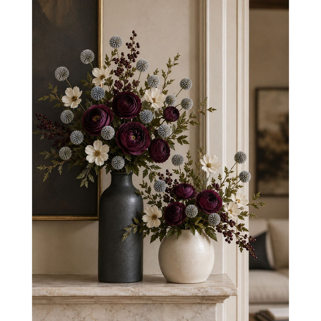 Slate Gray Pom Pom Chrysanthemum Stems Set of 2, 20 Inch Artificial Silk Flowers