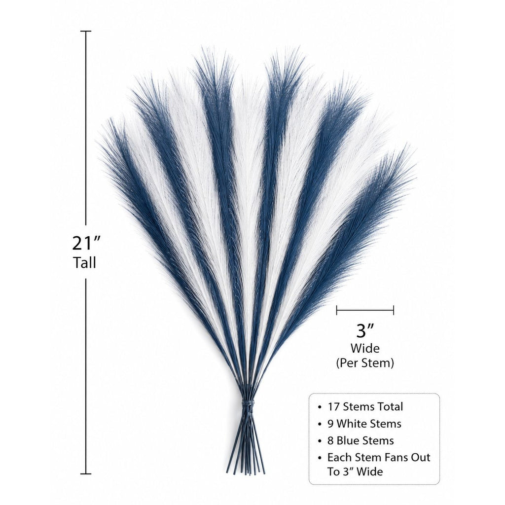 Bouquet of blue and white decorative stems with measurements on a white background
