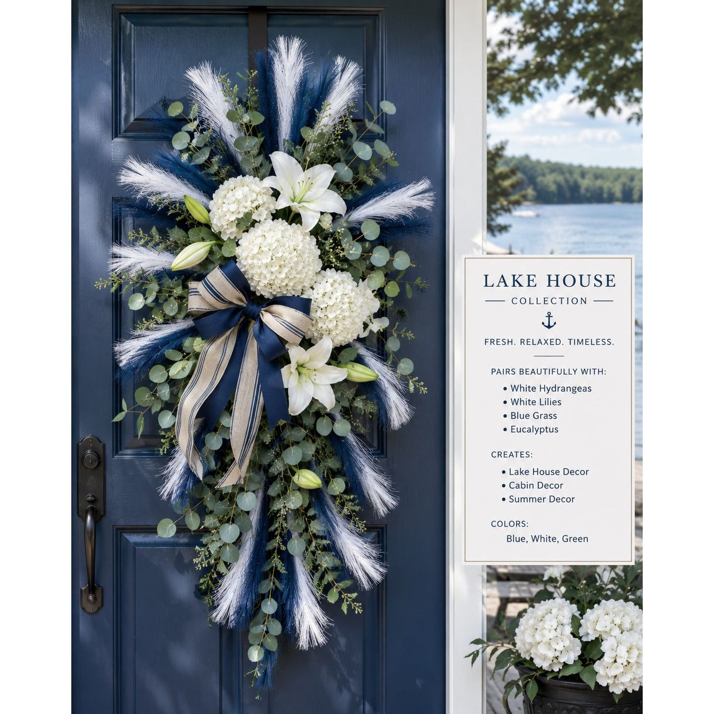 Decorative wreath with blue and white elements on a door, featuring 'Lake House Collection' text.