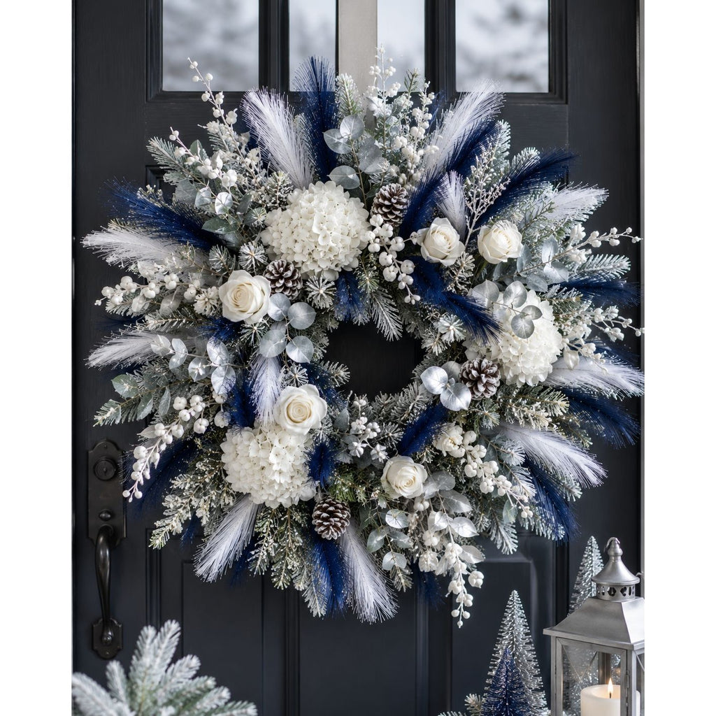 Decorative wreath with white flowers and blue accents on a black door.