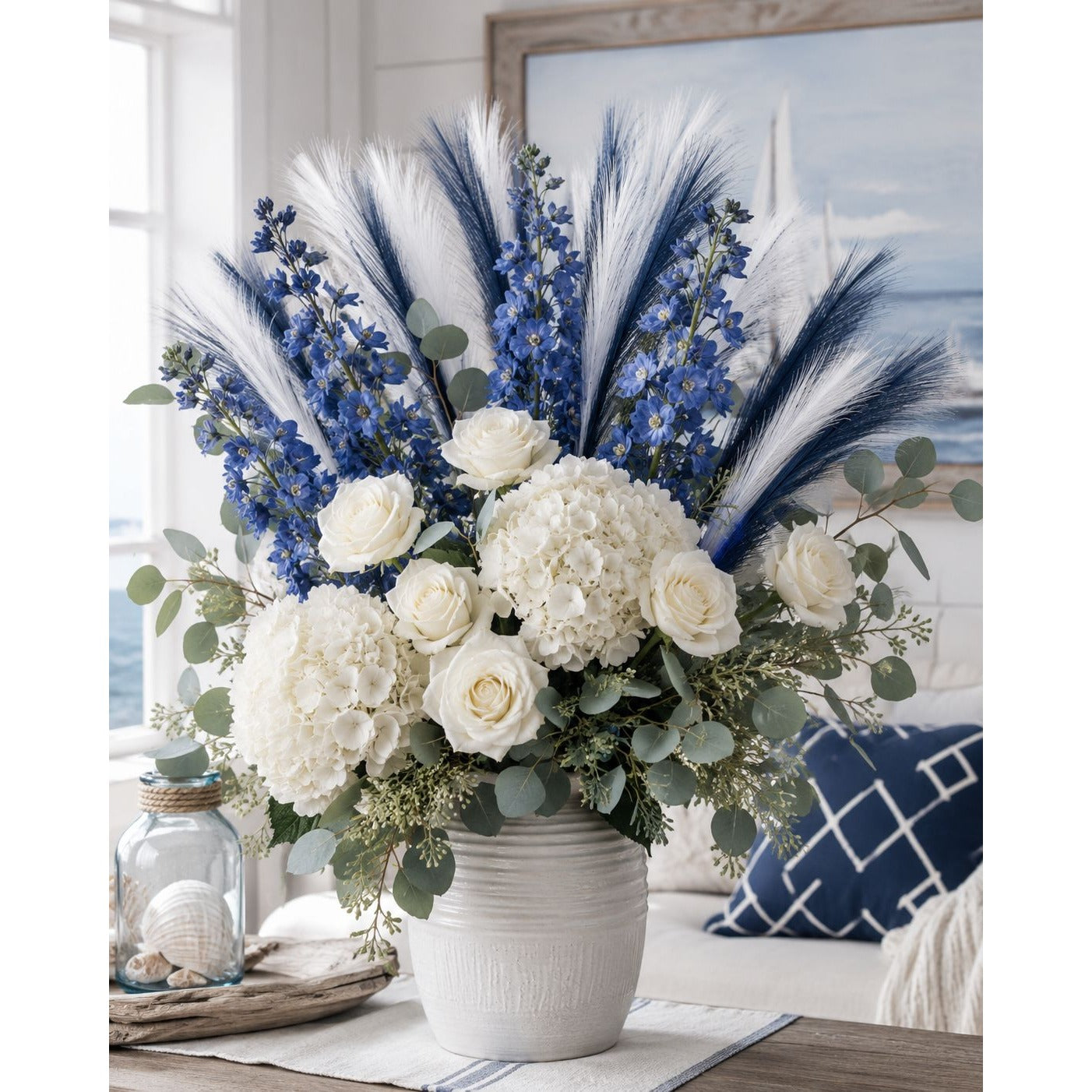 Artificial Blue and White Grass Stems Set of 17 Navy Blue White Pampas Style Stems Coastal Patriotic Wedding Decor 21 Inch