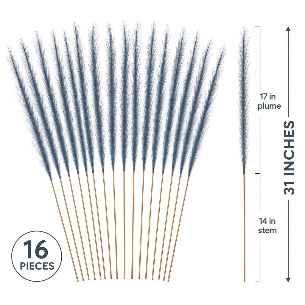 Slate Blue Faux Pampas Grass Stems, 16-Piece 31-Inch Wispy Synthetic Floor Vase Filler