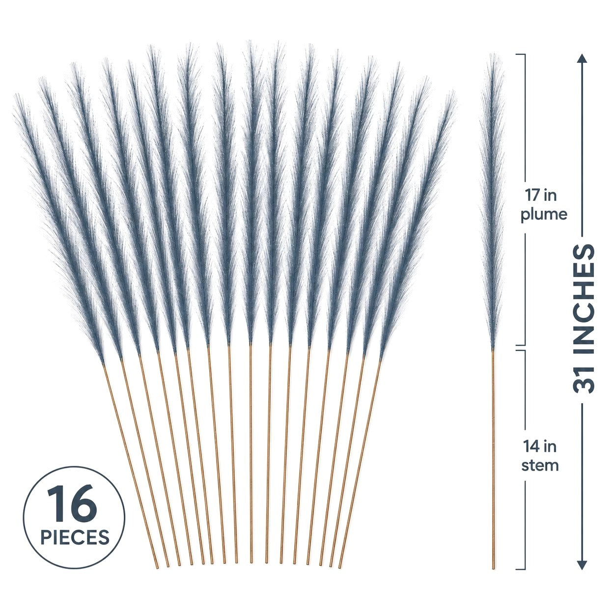 Slate Blue Faux Pampas Grass Stems, 16-Piece 31-Inch Wispy Synthetic Floor Vase Filler