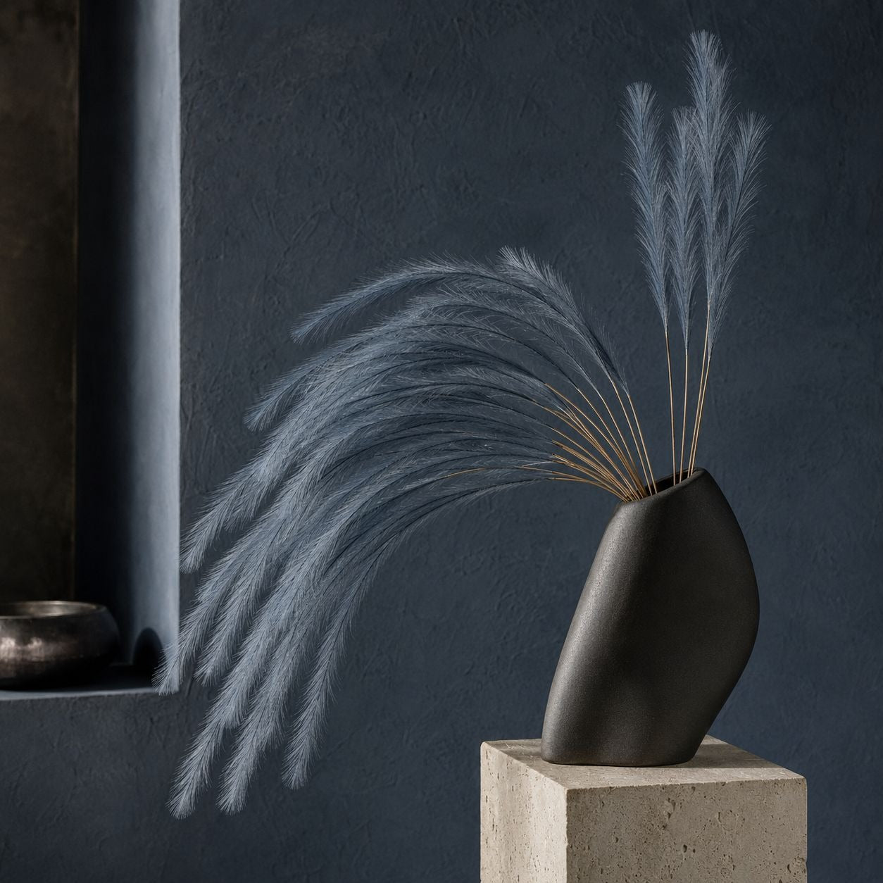 Slate Blue Faux Pampas Grass Stems, 16-Piece 31-Inch Wispy Synthetic Floor Vase Filler