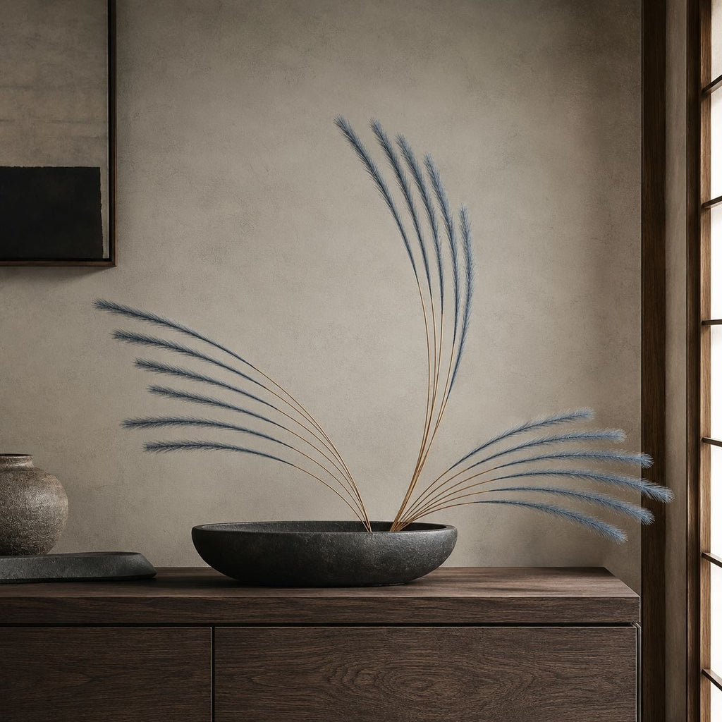 Slate Blue Faux Pampas Grass Stems, 16-Piece 31-Inch Wispy Synthetic Floor Vase Filler