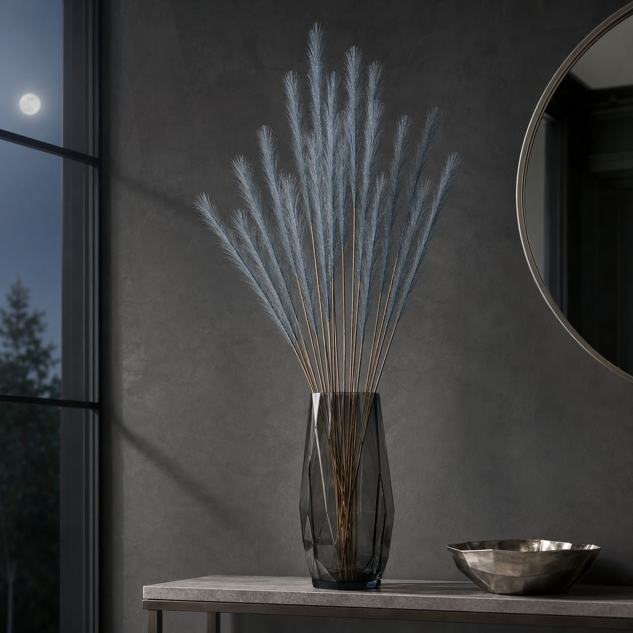Slate Blue Faux Pampas Grass Stems, 16-Piece 31-Inch Wispy Synthetic Floor Vase Filler