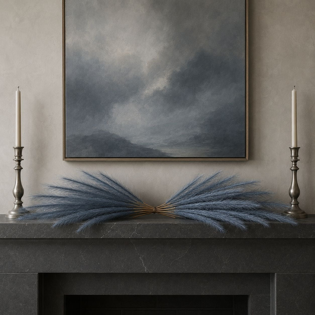 Slate Blue Faux Pampas Grass Stems, 16-Piece 31-Inch Wispy Synthetic Floor Vase Filler