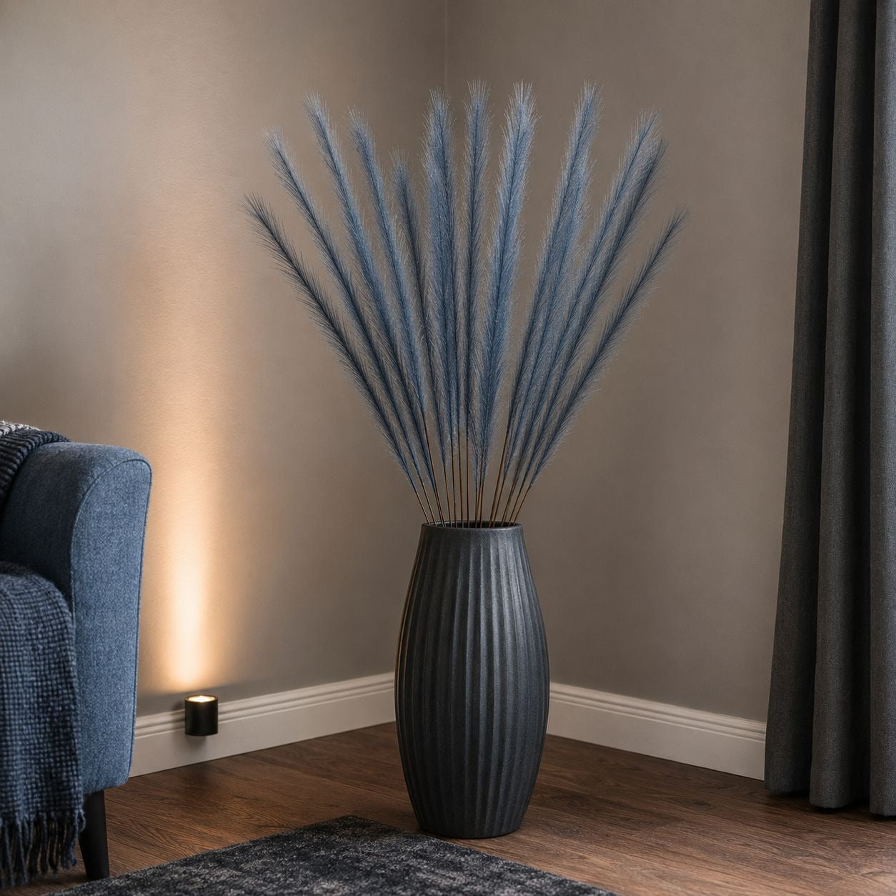 Slate Blue Faux Pampas Grass Stems, 16-Piece 31-Inch Wispy Synthetic Floor Vase Filler