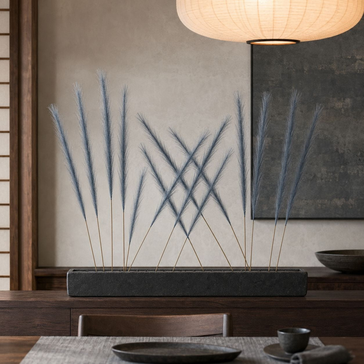 Slate Blue Faux Pampas Grass Stems, 16-Piece 31-Inch Wispy Synthetic Floor Vase Filler