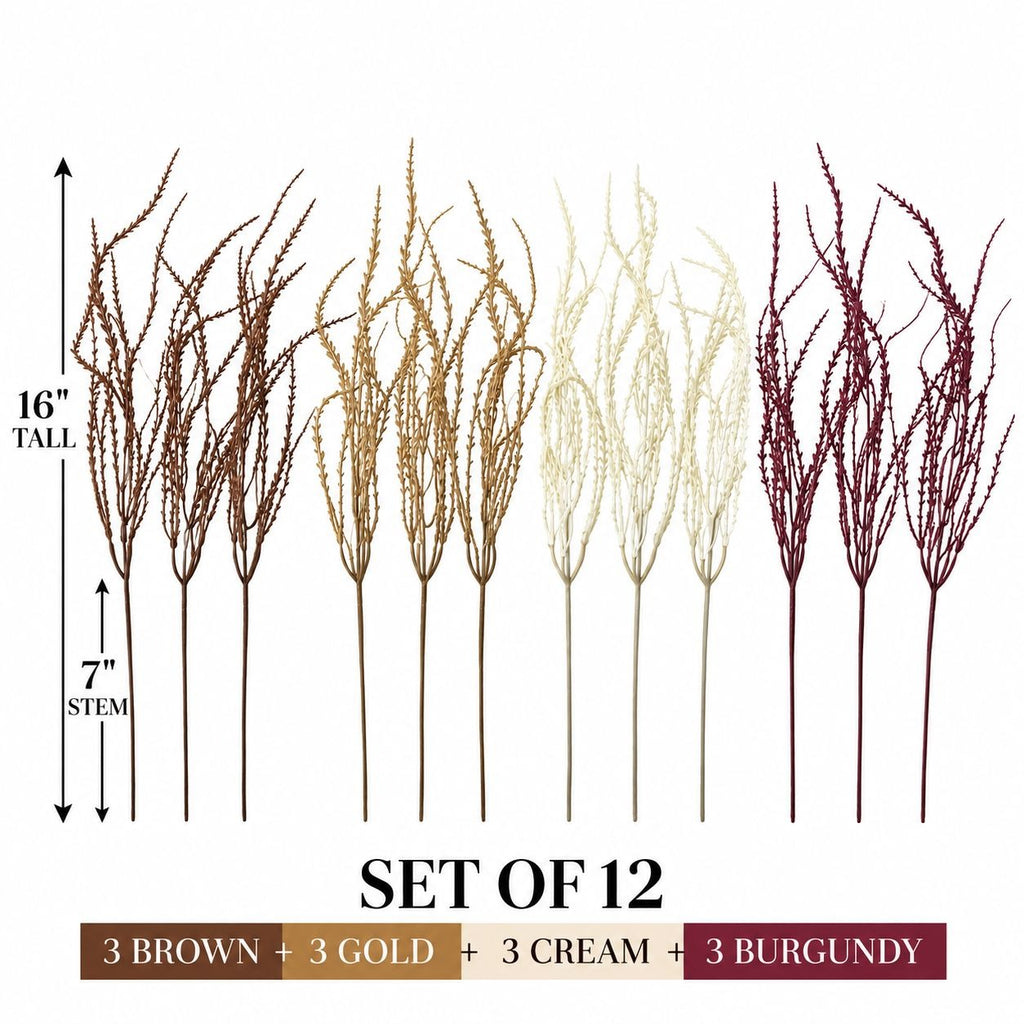 Faux Wheat Grass Picks, Set of 12, Burgundy, Cream, Gold & Brown, 16-Inch