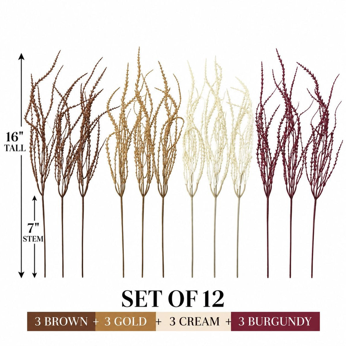 Faux Wheat Grass Picks, Set of 12, Burgundy, Cream, Gold & Brown, 16-Inch