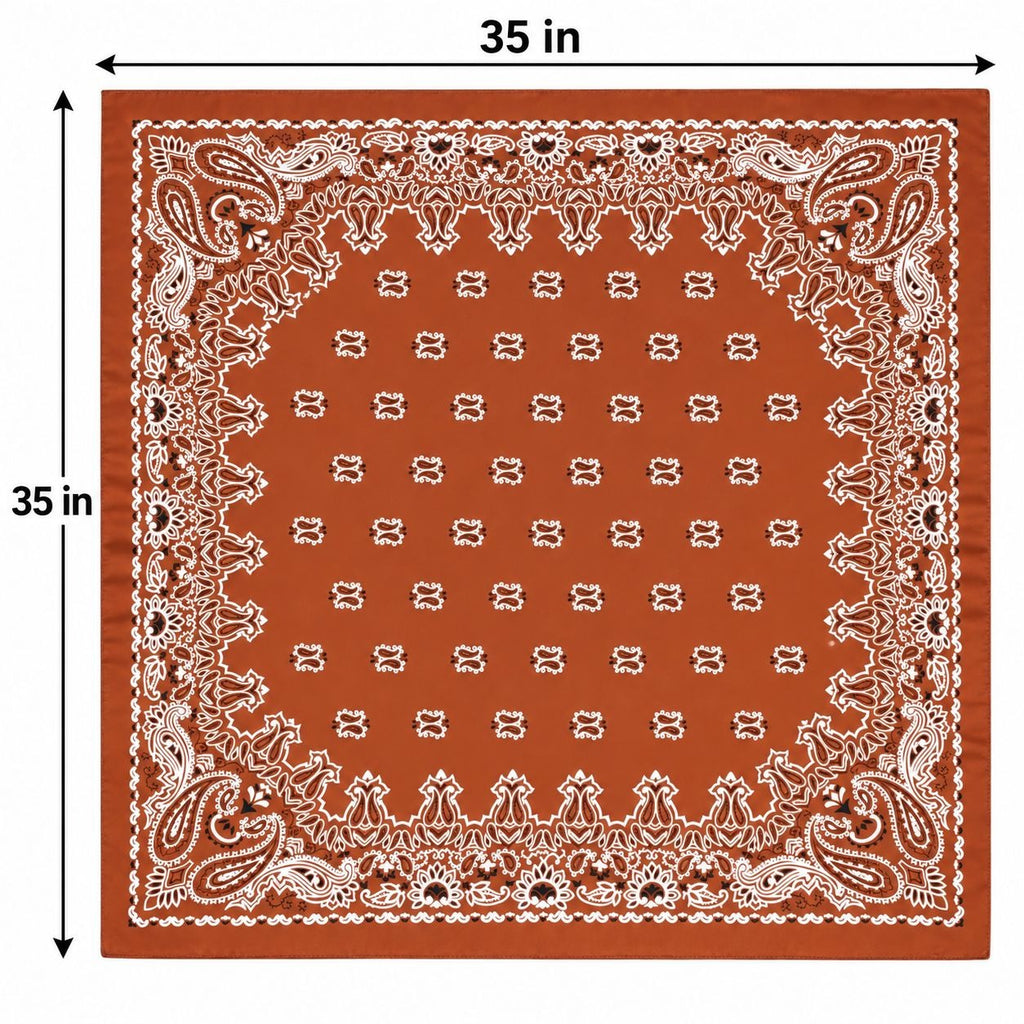 A square terracotta orange bandana with a white paisley border and repeating central motifs, shown with dimension arrows and labels indicating 35 in by 35 in.