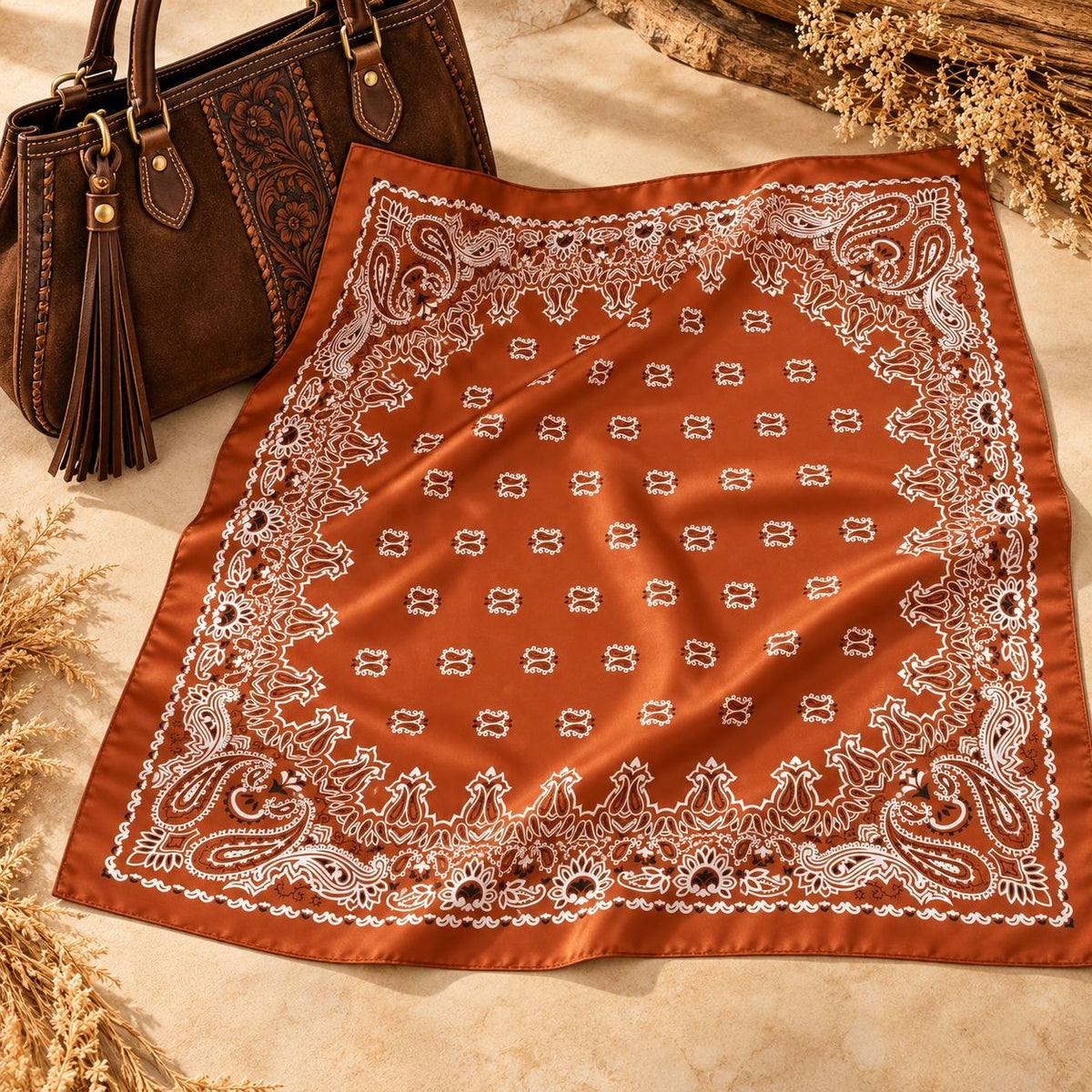 An orange-brown silk bandana with a white paisley border and small repeating monogram motifs, styled flat on a beige surface with a brown leather handbag and dried wheat as props.