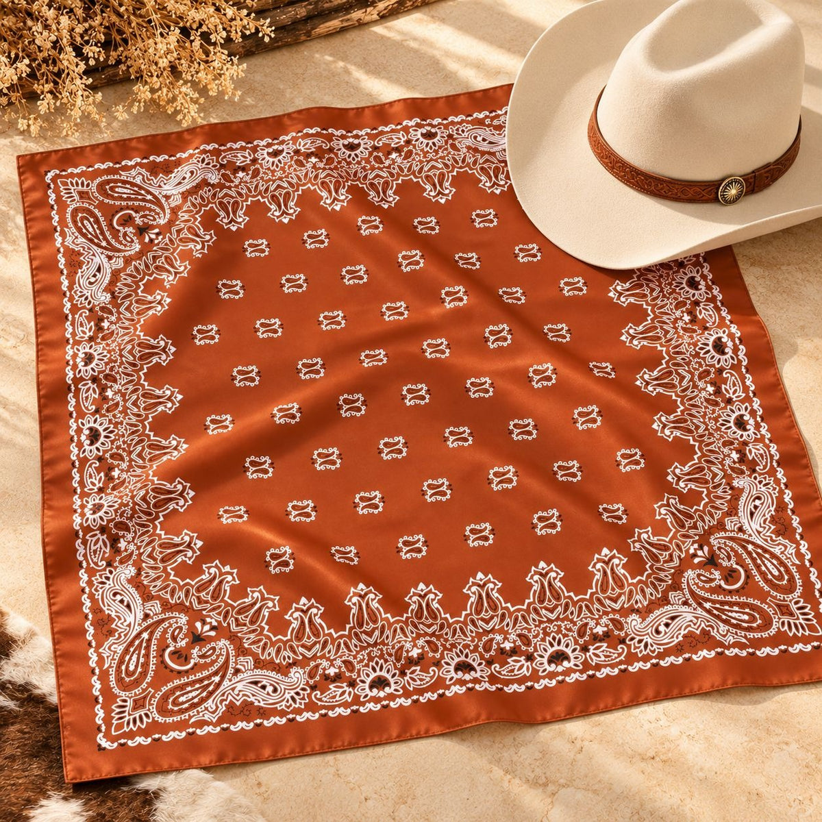 Western Scarf 35x35 Rust Copper Brown Satin Paisley Square Cowgirl Bandana