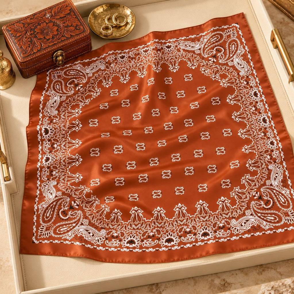 Western Scarf 35x35 Rust Copper Brown Satin Paisley Square Cowgirl Bandana