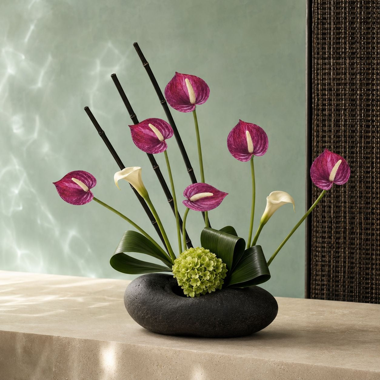 A floral arrangement of pink and white calla lilies with green leaves and black decorative sticks, set in a dark stone bowl on a beige surface against a soft green wall.