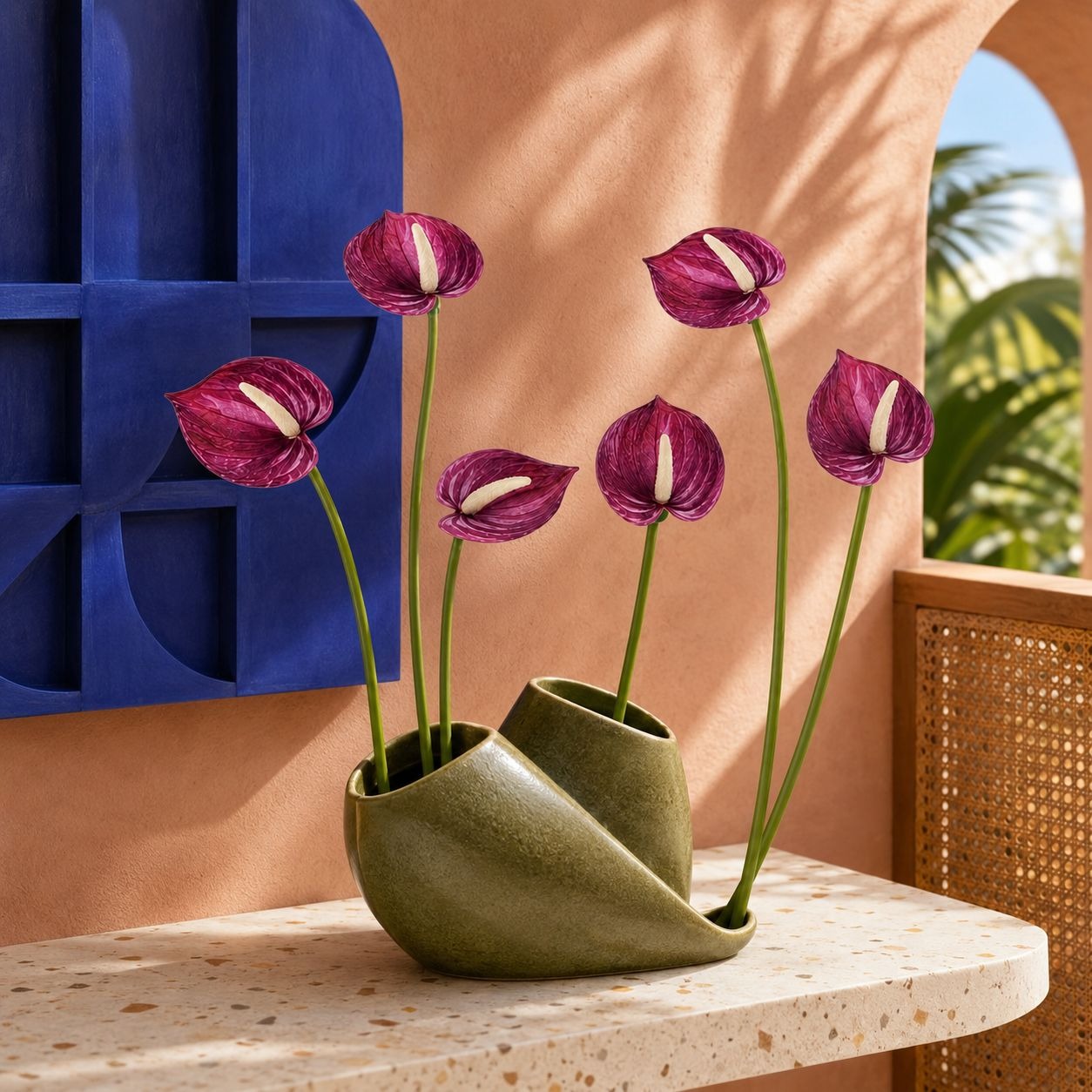 A sculptural olive green ceramic vase holding five purple anthurium flowers, styled on a speckled stone ledge against a warm terracotta wall with a blue geometric screen and outdoor greenery in the background.