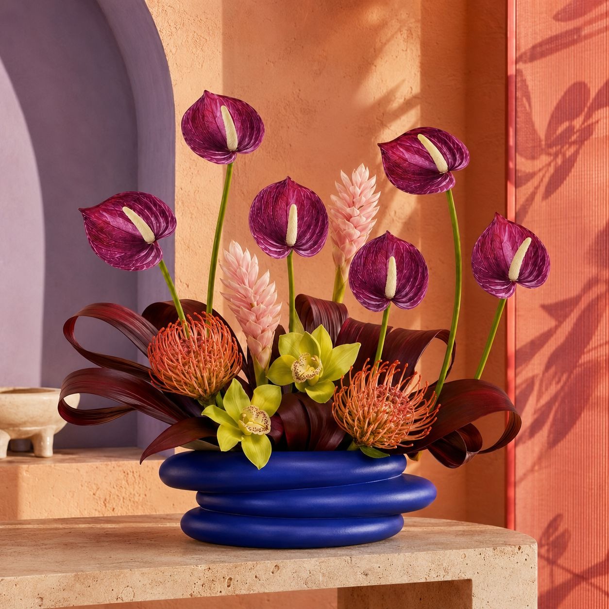 A vibrant floral arrangement in a glossy cobalt blue tiered vase, featuring purple anthuriums, orange protea blooms, yellow-green orchids, and pink plumeria, styled on a stone ledge against a warm terracotta and purple architectural background.