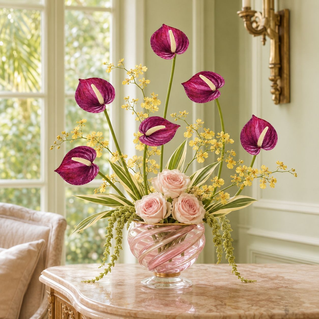 A floral arrangement in a pink glass vase on a marble table, featuring magenta anthuriums, pink roses, and small yellow flowers in a bright indoor room.