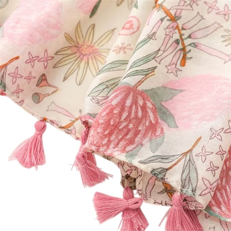 Floral Pink & White Lightweight Tassel Scarf – Boho Shawl Wrap 34 x 70