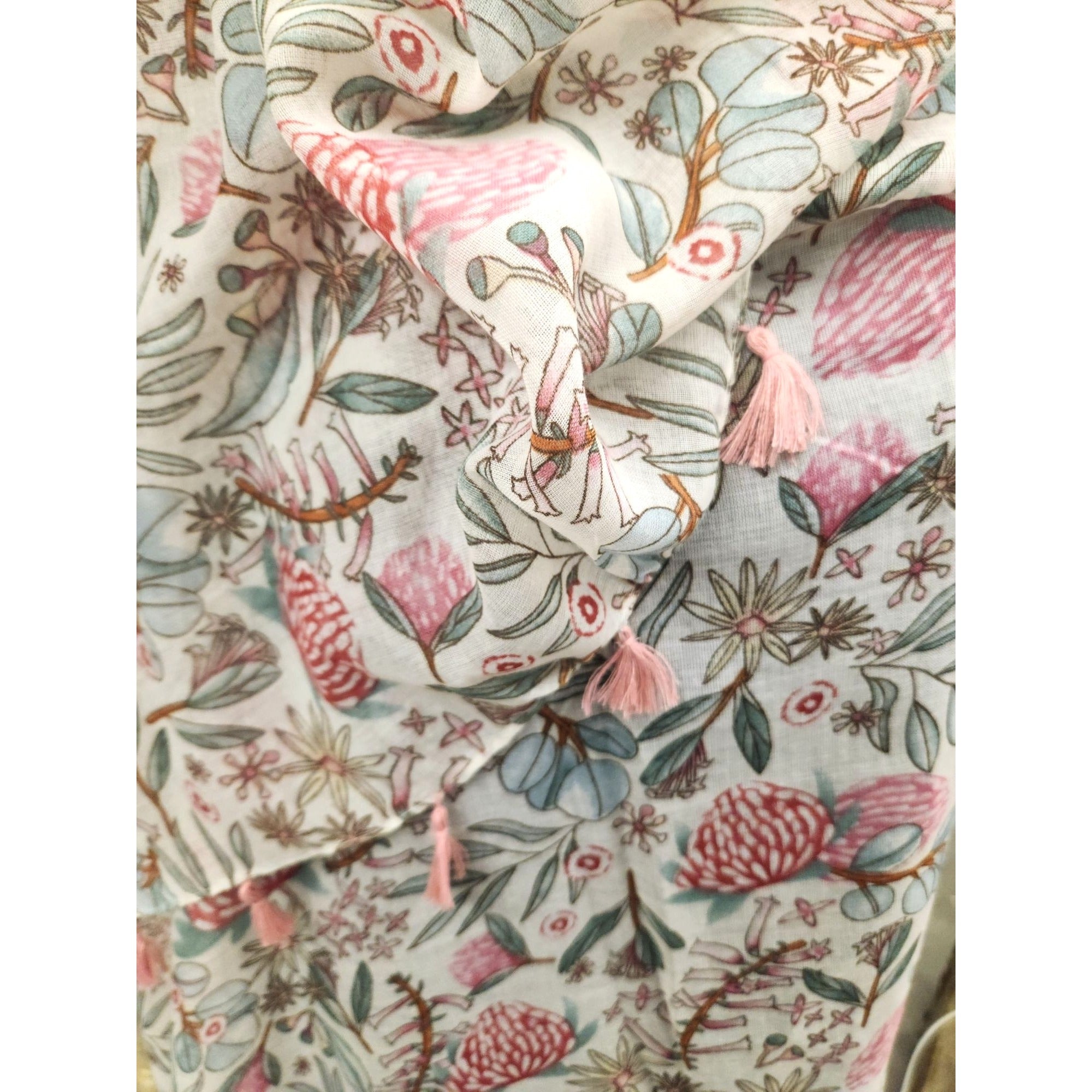 Floral Pink & White Lightweight Tassel Scarf – Boho Shawl Wrap 34 x 70