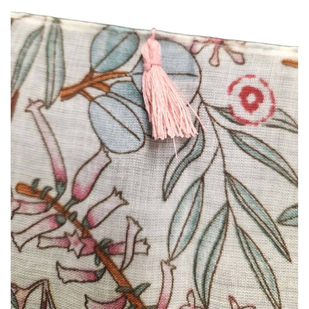Floral Pink & White Lightweight Tassel Scarf – Boho Shawl Wrap 34 x 70