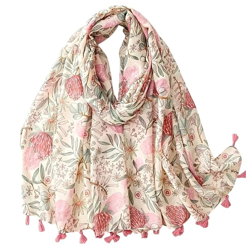 Floral Pink & White Lightweight Tassel Scarf – Boho Shawl Wrap 34 x 70