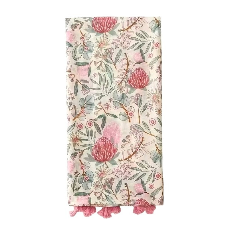 Floral Pink & White Lightweight Tassel Scarf – Boho Shawl Wrap 34 x 70