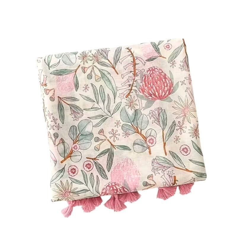 Floral Pink & White Lightweight Tassel Scarf – Boho Shawl Wrap 34 x 70