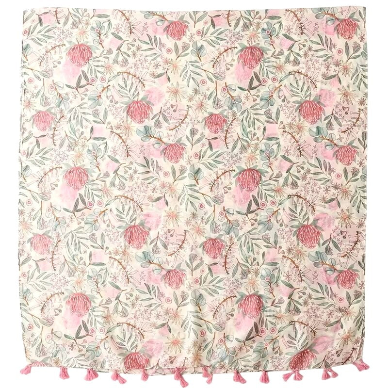 Floral Pink & White Lightweight Tassel Scarf – Boho Shawl Wrap 34 x 70