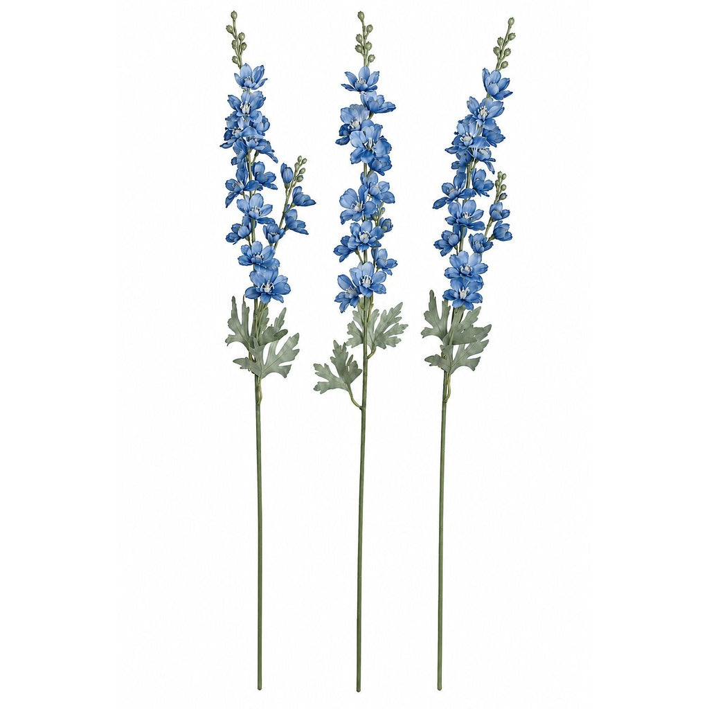 Blue Artificial Delphinium Larkspur Stems Set of 3, 33 Inch Dusty Cobalt Silk Spike Flowers, Wired Tall Stems for Arrangements
