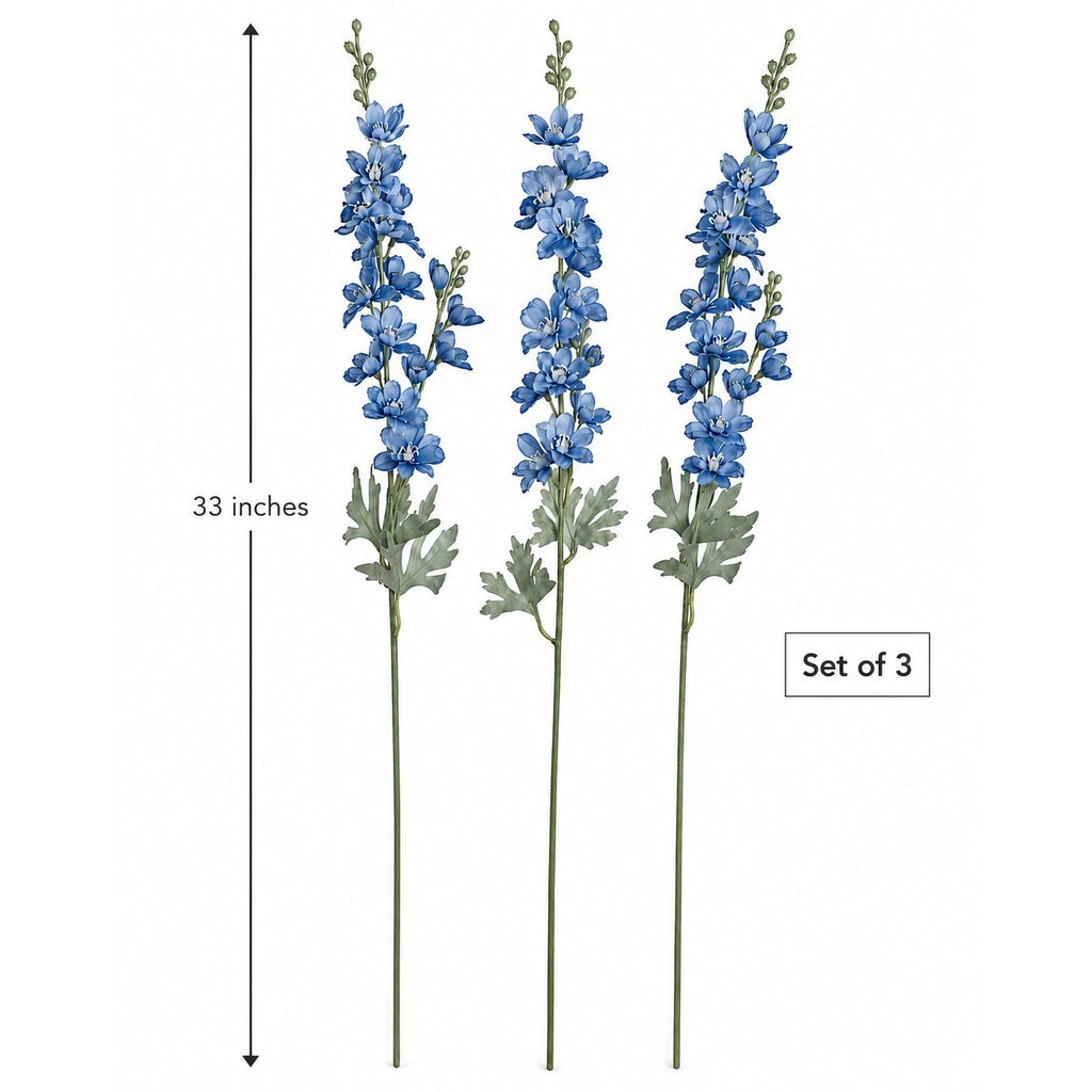 Blue Artificial Delphinium Larkspur Stems Set of 3, 33 Inch Dusty Cobalt Silk Spike Flowers, Wired Tall Stems for Arrangements