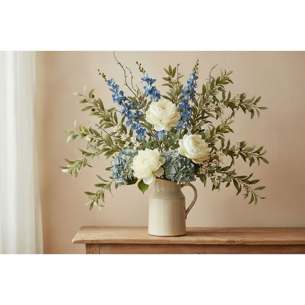 Blue Artificial Delphinium Larkspur Stems Set of 3, 33 Inch Dusty Cobalt Silk Spike Flowers, Wired Tall Stems for Arrangements