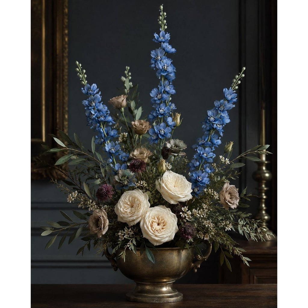 Blue Artificial Delphinium Larkspur Stems Set of 3, 33 Inch Dusty Cobalt Silk Spike Flowers, Wired Tall Stems for Arrangements