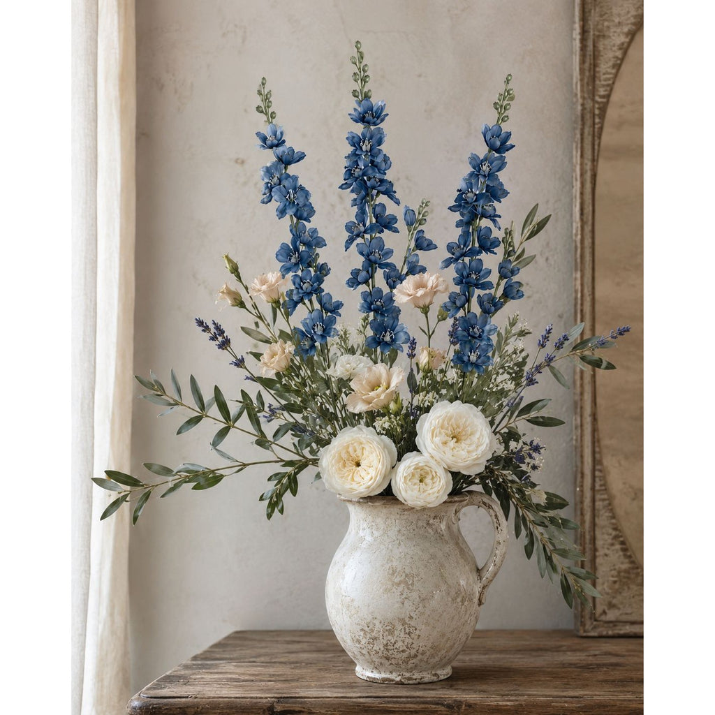 Blue Artificial Delphinium Larkspur Stems Set of 3, 33 Inch Dusty Cobalt Silk Spike Flowers, Wired Tall Stems for Arrangements