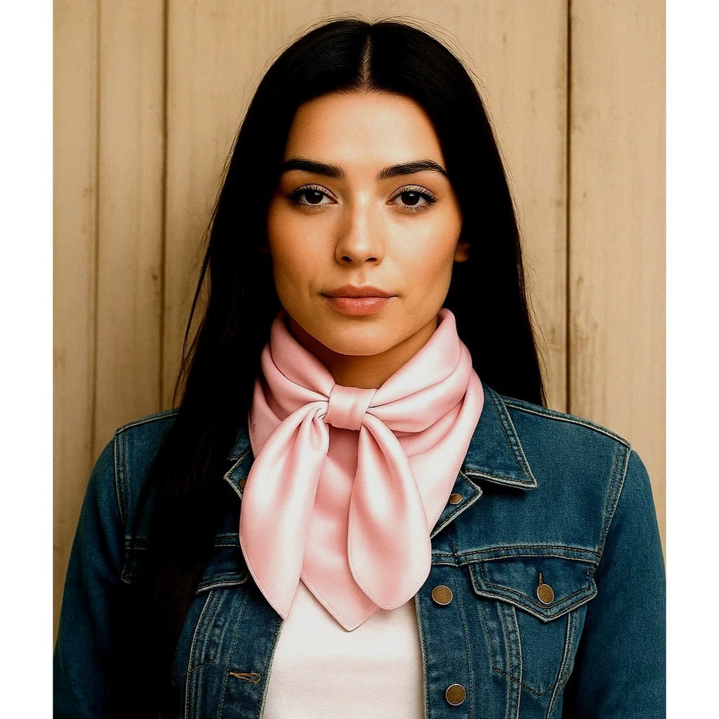 Woman wearing a pink scarf and denim jacket against a wooden background